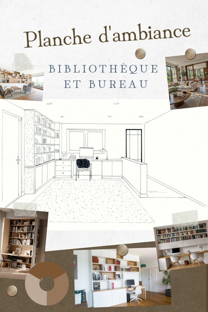 Planche d&rsquo;ambiance — bibliothèque et bureau