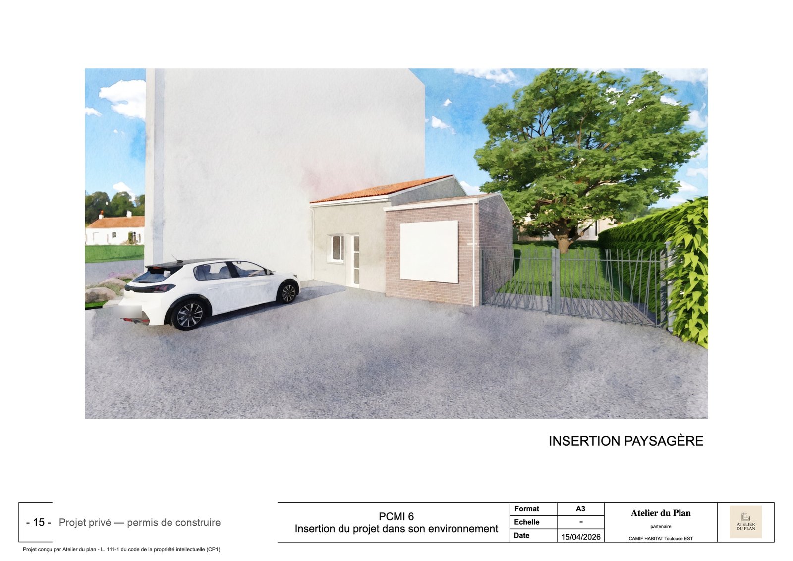 Garage transformé en habitation — Insertion paysagère (vue 3D)