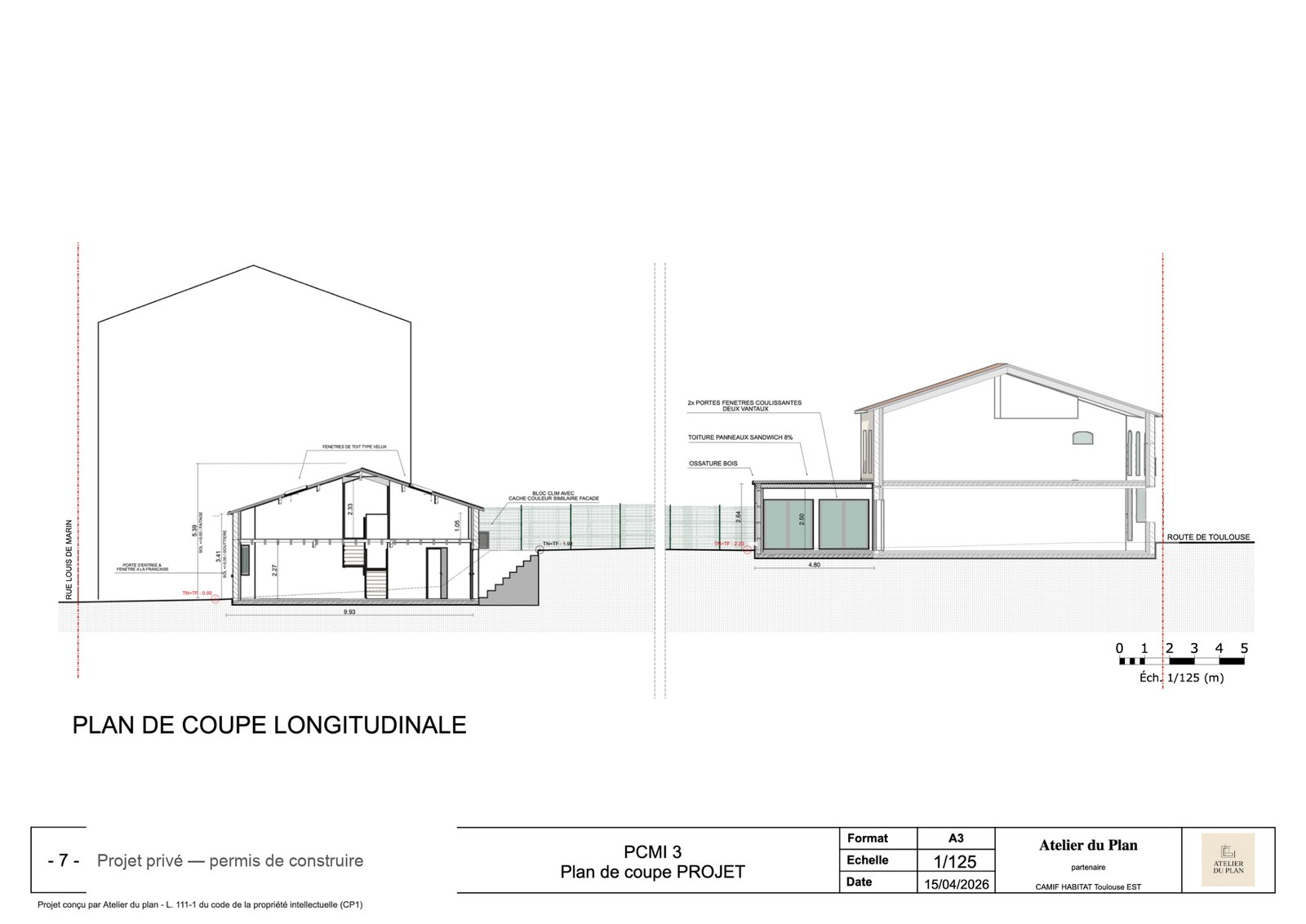 Garage transformé en habitation — Coupe longitudinale